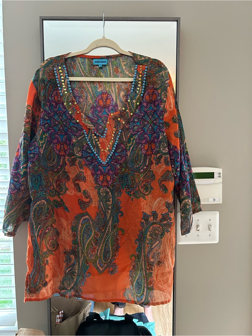 Aqua Blu Orange Paisley Beaded V-Neck Tunic Size 3X